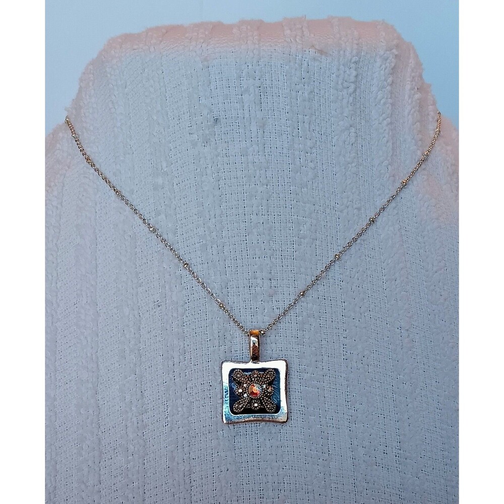 Liz Claiborne Silvertone Black Enamel AB Crystal Pendant Necklace 17-20 in
